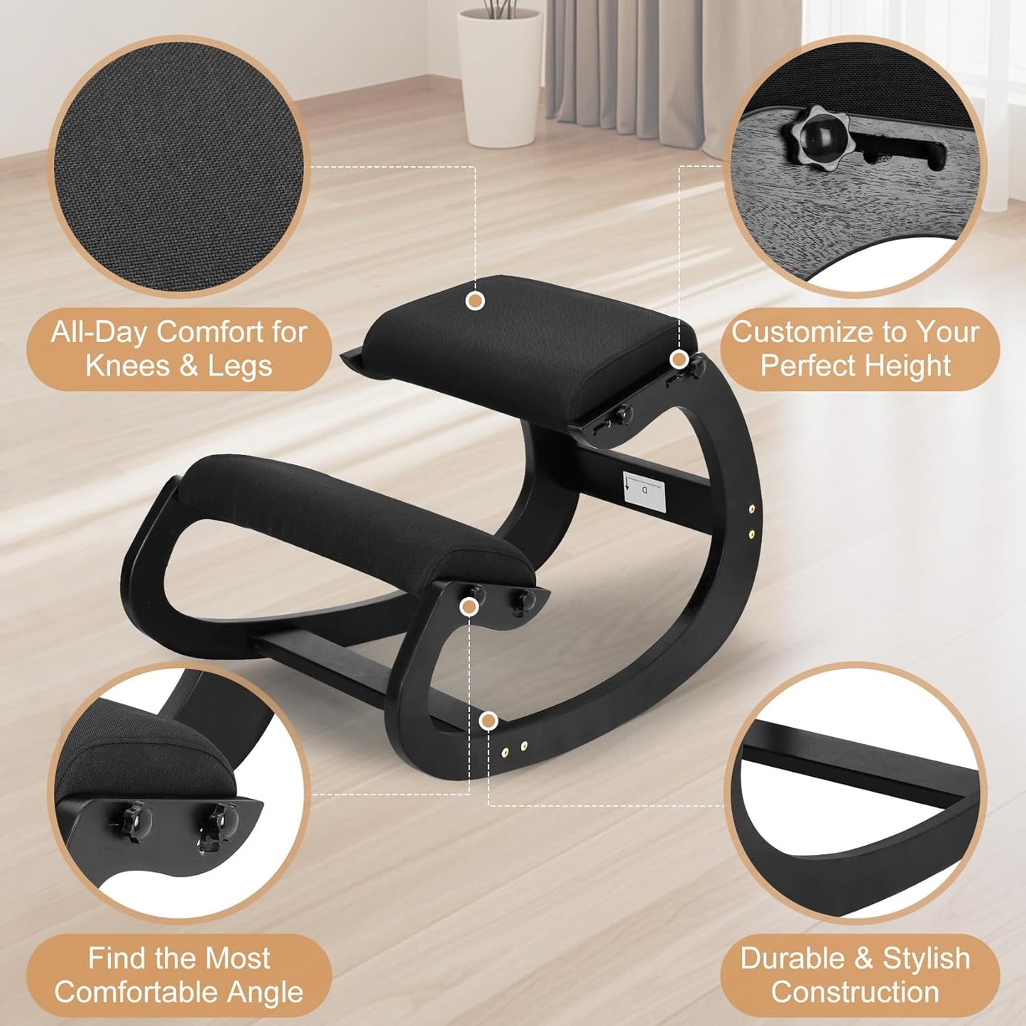 Ultimate Ergonomic Kneeling Chair - Adjustable Seat & Smooth Rocking Base for Active Posture Support, Effectively Relieves Back & Spine Pressure at Home/Office, Sturdy Kneeling Chair Holds 300lbs