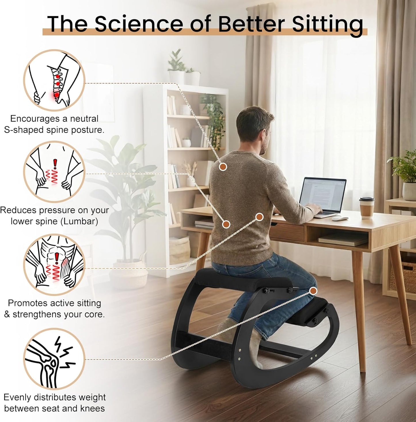 Ultimate Ergonomic Kneeling Chair - Adjustable Seat & Smooth Rocking Base for Active Posture Support, Effectively Relieves Back & Spine Pressure at Home/Office, Sturdy Kneeling Chair Holds 300lbs