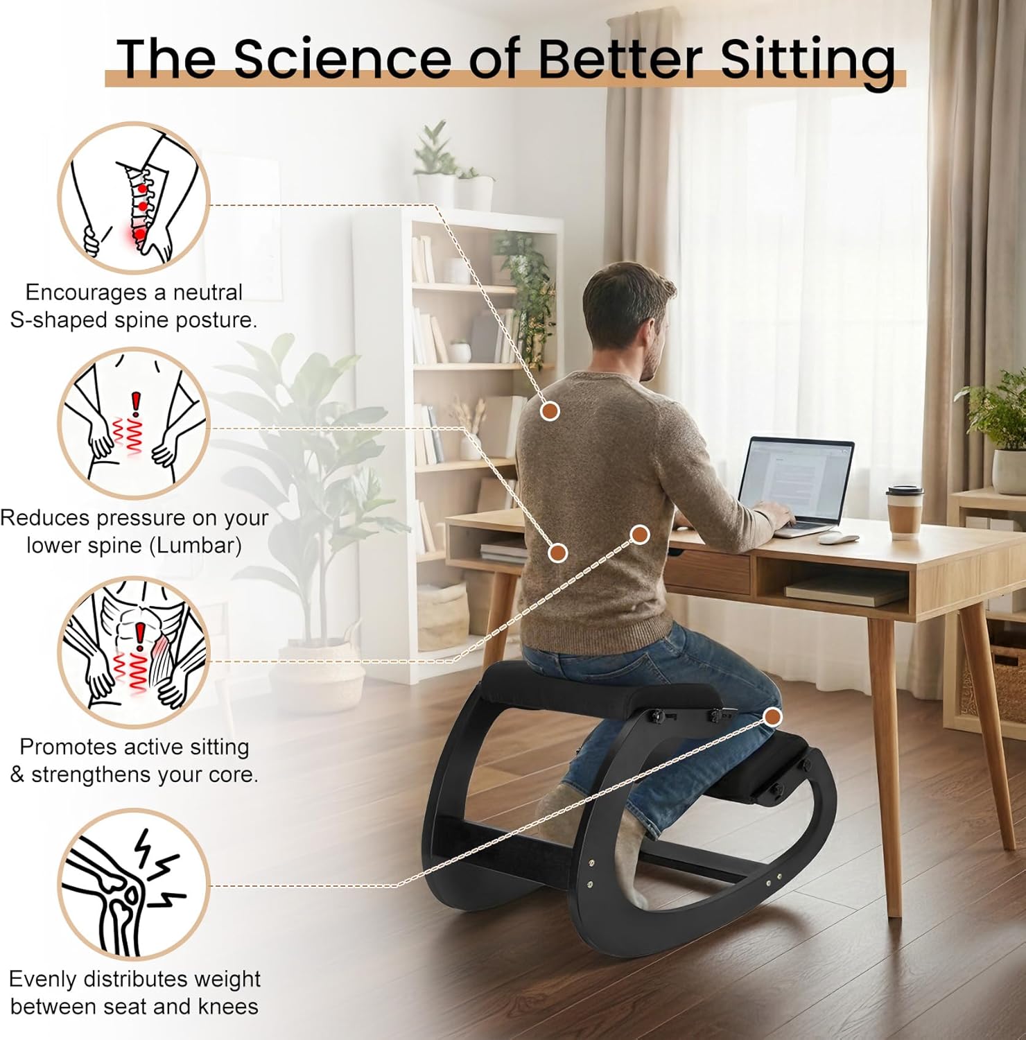 Ultimate Ergonomic Kneeling Chair - Adjustable Seat & Smooth Rocking Base for Active Posture Support, Effectively Relieves Back & Spine Pressure at Home/Office, Sturdy Kneeling Chair Holds 300lbs