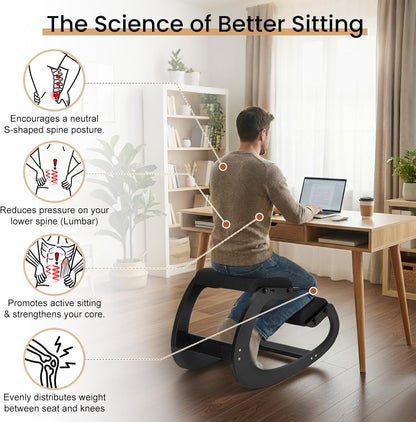 Ultimate Ergonomic Kneeling Chair - Adjustable Seat & Smooth Rocking Base for Active Posture Support, Effectively Relieves Back & Spine Pressure at Home/Office, Sturdy Kneeling Chair Holds 300lbs