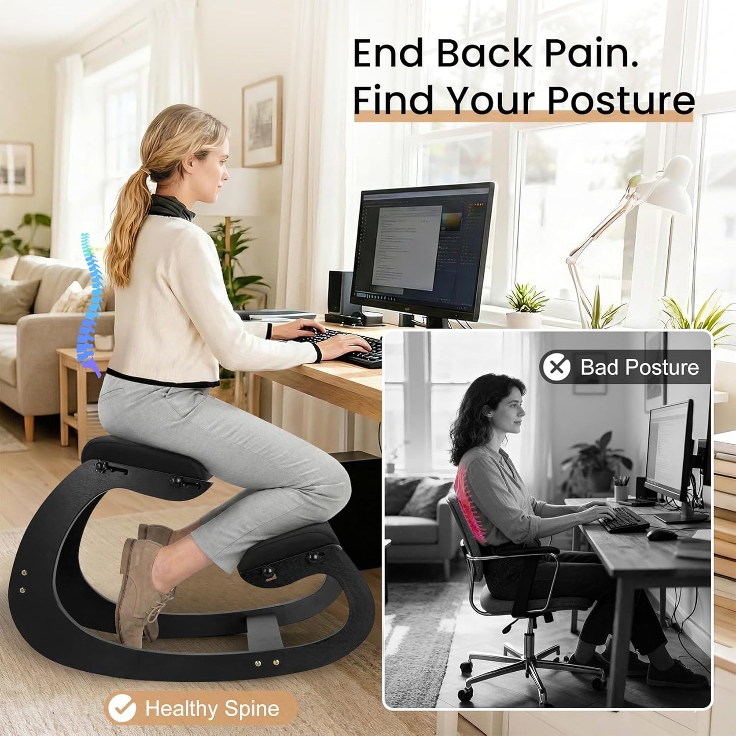 Ultimate Ergonomic Kneeling Chair - Adjustable Seat & Smooth Rocking Base for Active Posture Support, Effectively Relieves Back & Spine Pressure at Home/Office, Sturdy Kneeling Chair Holds 300lbs
